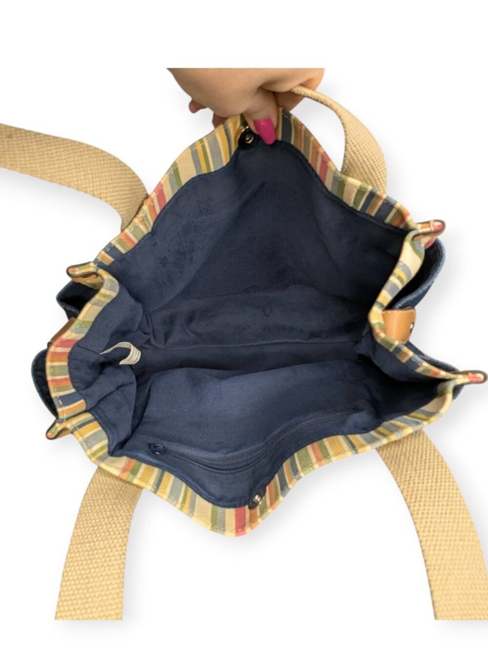Denim & Tan Cotton Canvas Tote Multi-Stripe Trim Double Hand1es 3" x 9" x 5.5" - Picture 8 of 15